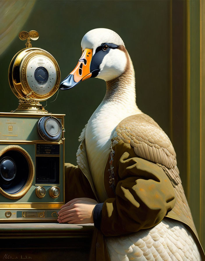 Anthropomorphic Swan in Military Uniform with Vintage Communication Device