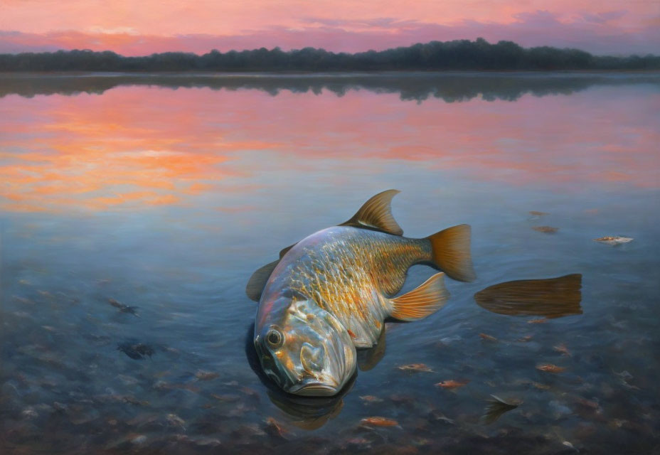 Tranquil Waters: Fish Floating in Sunset Reflections