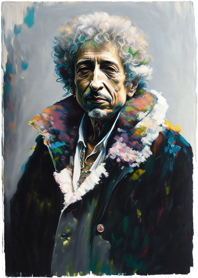 Portrait of a man with curly gray hair and fur-collared coat