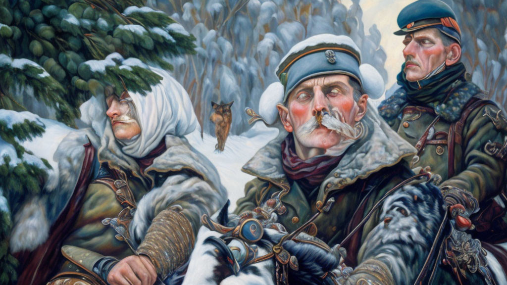 Historical military figures with wolf and lynx in winter landscape