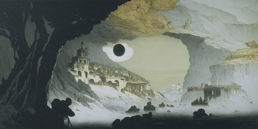 Vintage illustration: Observers in cave view classical architecture during solar eclipse