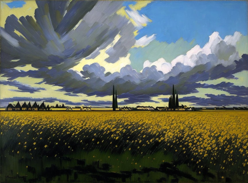 Colorful painting of yellow flowers in field under dramatic sky