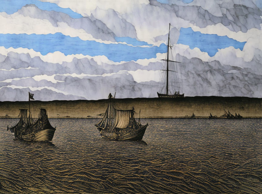 Stylized illustration of three sailing ships on textured sea