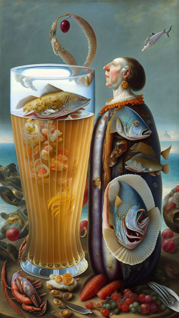 Surreal painting of woman fused with sea life and beer, surrounded by marine elements