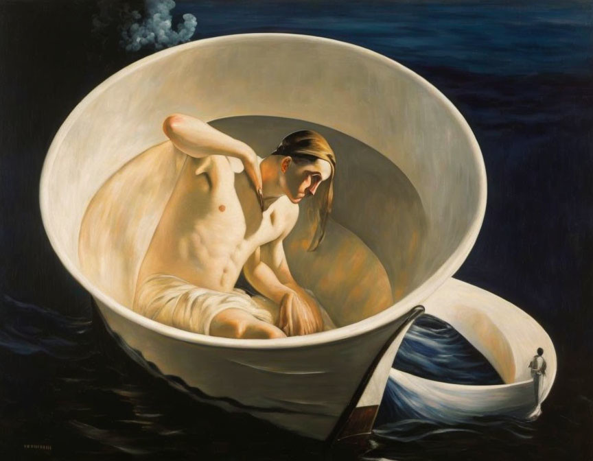 Surreal painting: Woman in giant teacup on dark water