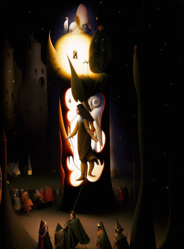 Surreal artwork: Person with candle head, cloaked figures, moonlit background.