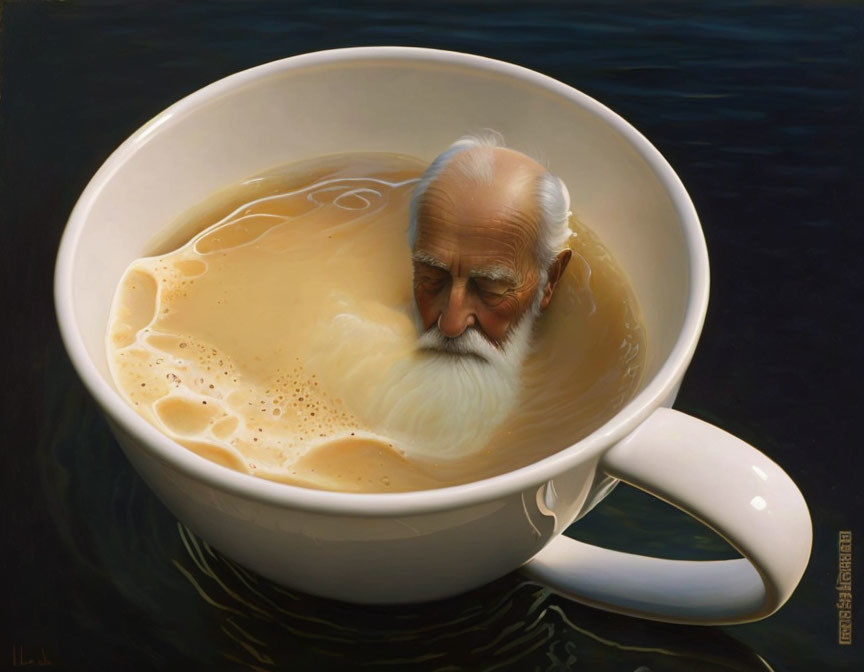 Elderly man with white beard bathing in giant coffee cup