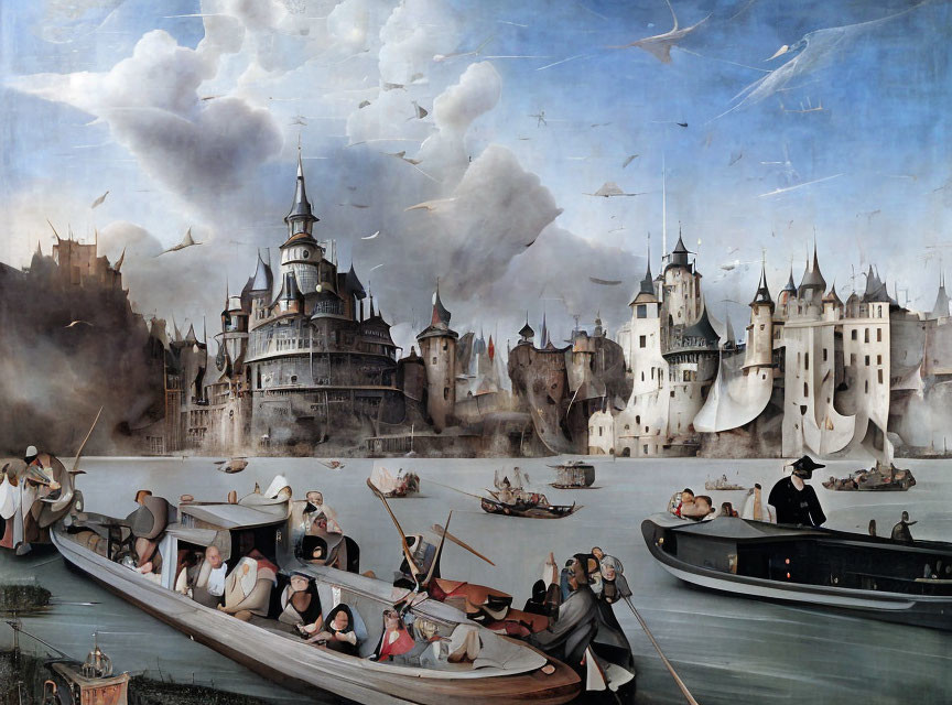 Renaissance painting: River scene with boats, castles, and people