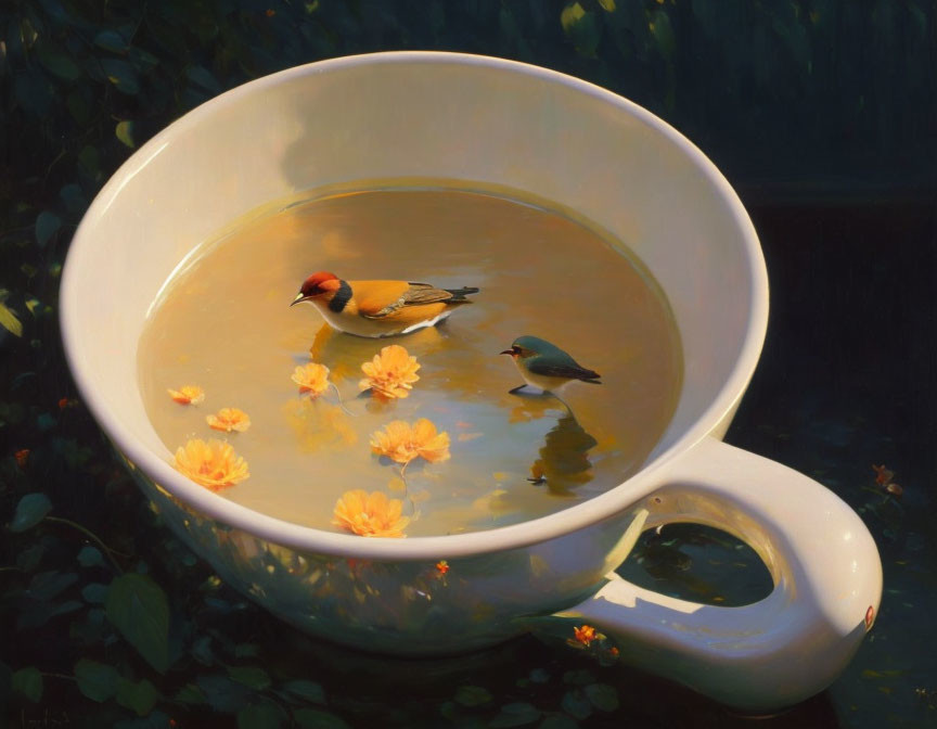 White teacup with floating orange flowers, birds bathing in water, dark leafy backdrop