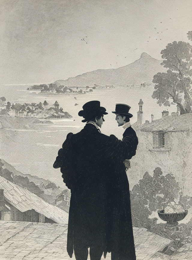 Silhouetted gentlemen in top hats having a conversation against coastal town backdrop