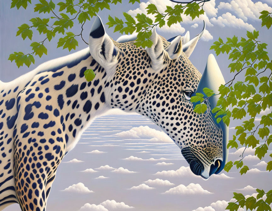 Surreal giraffe with leopard spots and rhinoceros horns in nature scene