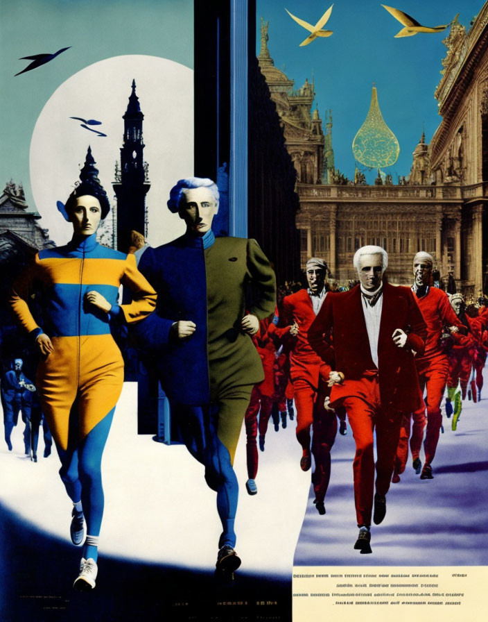 Surreal collage of runners in red racing past avant-garde figures against architectural backdrop