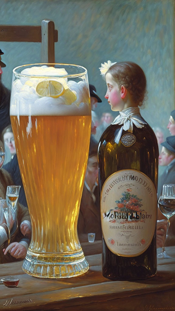 Giant beer glass painting with lemon slices and young girl peeking