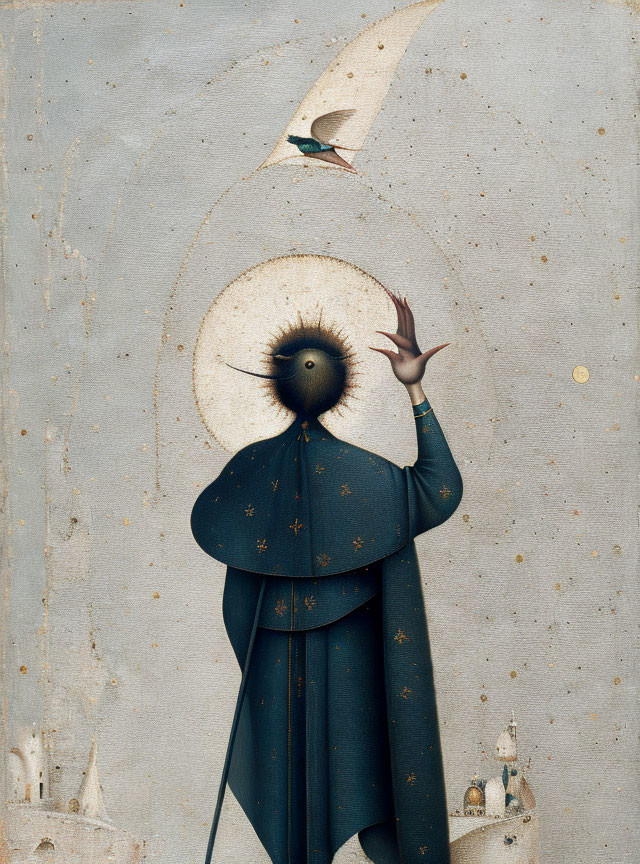 Surreal painting: robed figure with halo head, touching giant moon, bird perched