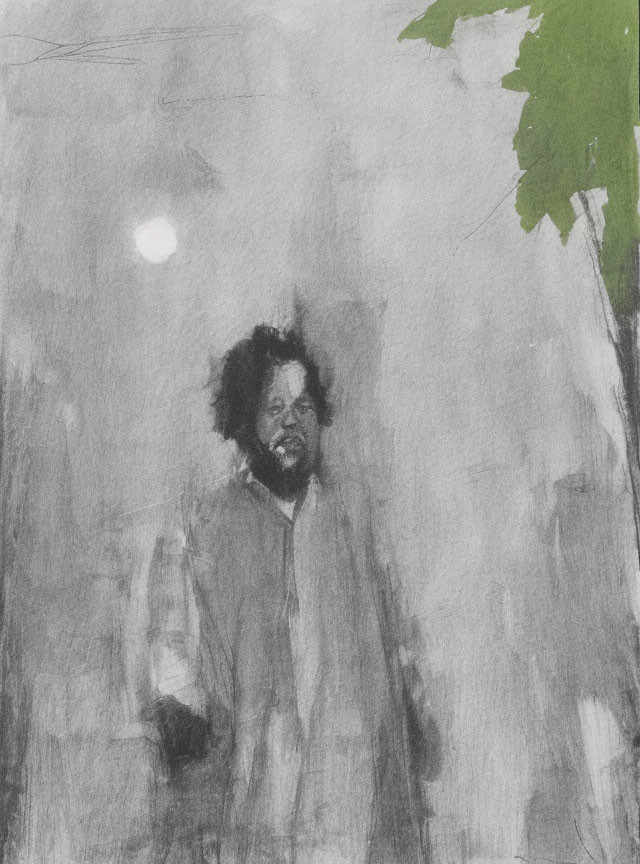 Monochrome sketch of person with afro under streetlight.