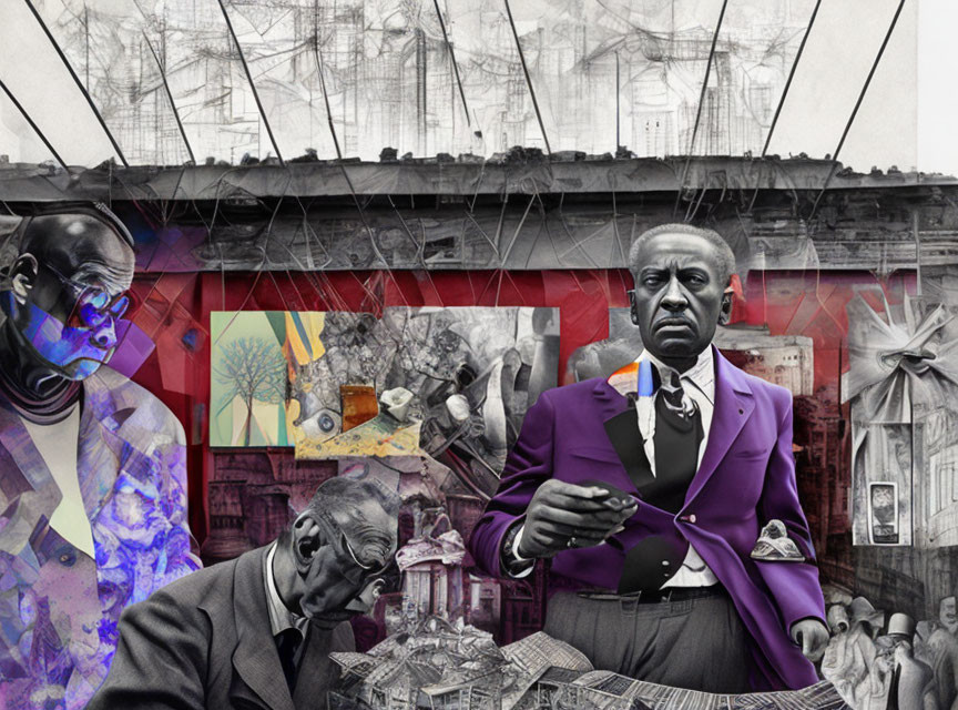 Colorful Collage Featuring Man in Purple Suit and Stylized Figures