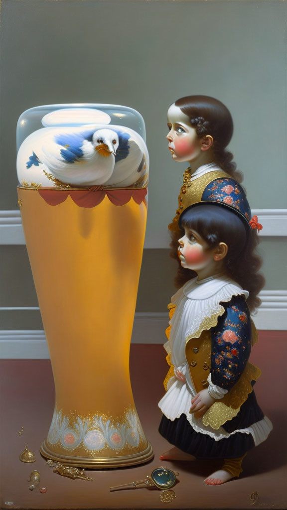 Surrealist painting of children with oversized heads and ornate vase