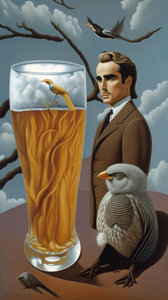 Surreal painting: man in suit with beer glass, bird, tree branch