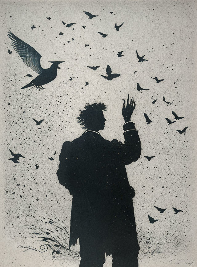 Silhouette of person reaching out to flock of birds with large bird nearby