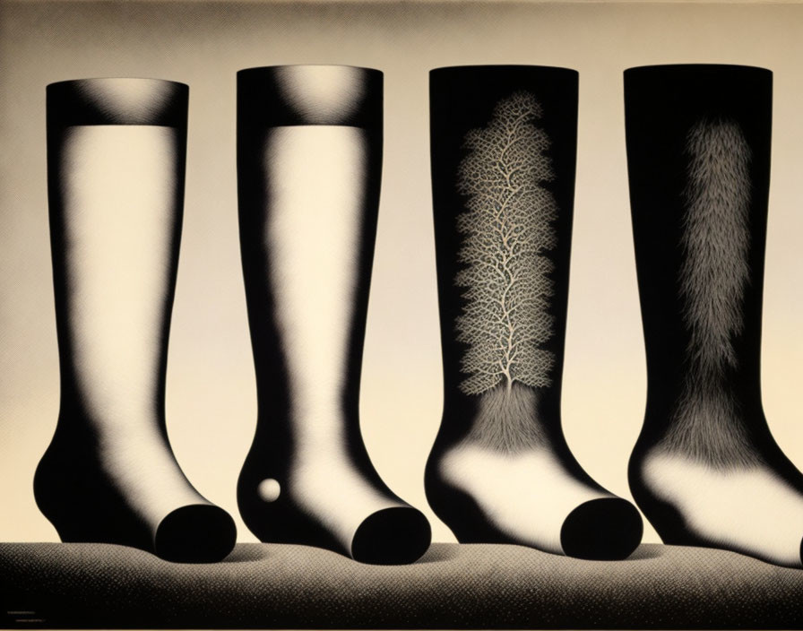 Four patterned stockings on monochrome background: optical illusion of cylindrical shapes