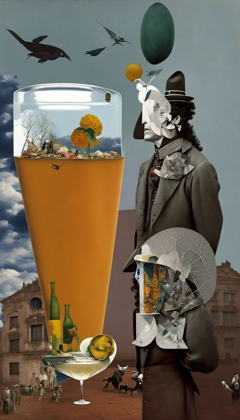 Surrealist collage: Gentleman with glass head, birds, floating egg, and transparent torso.