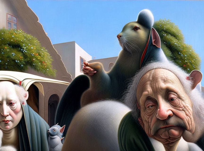 Anthropomorphic Rodents with Human-Like Faces in Surreal Architecture