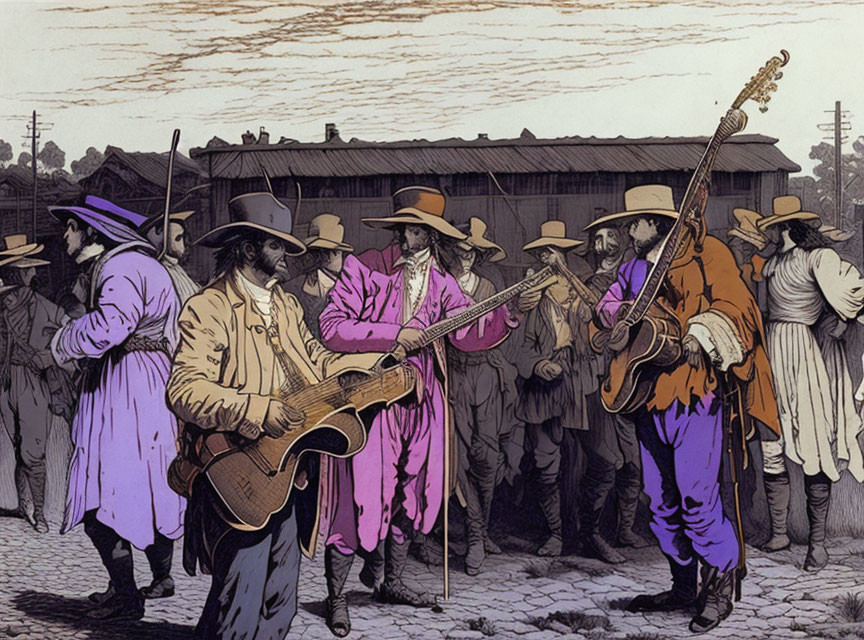 Historic group illustration with people in period clothing and guitars.