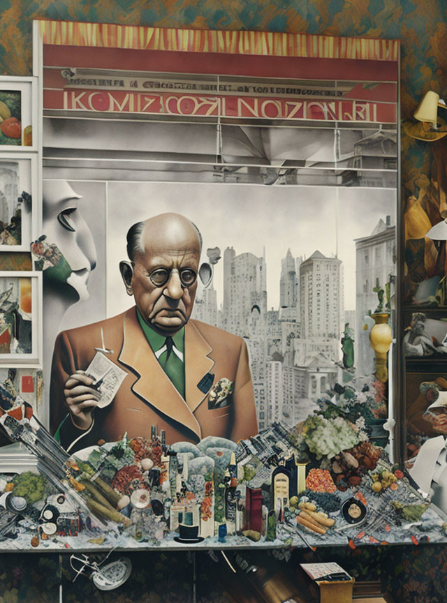 Surreal illustration featuring bespectacled man in suit with cityscapes, food, and