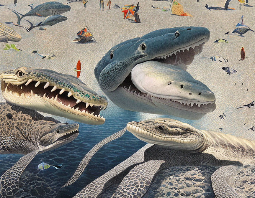 Prehistoric marine reptiles and sharks in underwater scene