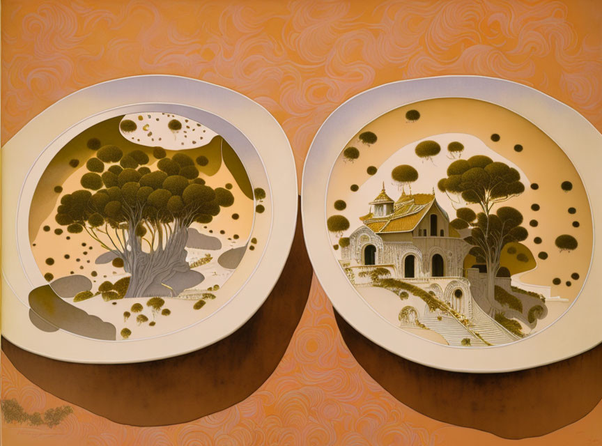 Circular Landscapes with Stylized Trees and Building in Warm Earthy Tones