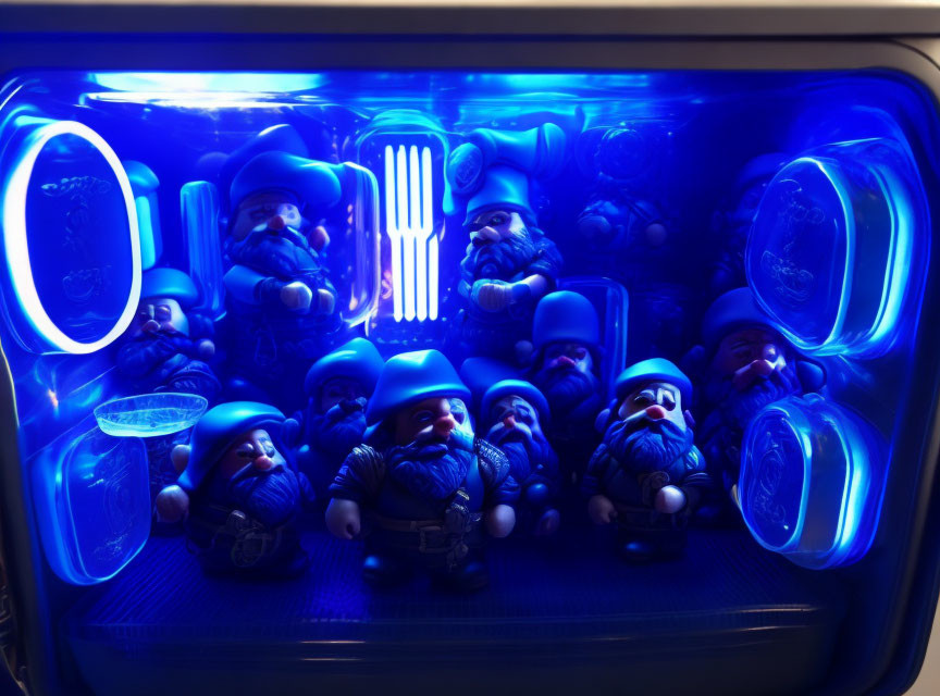 Cool-Toned Garden Gnome Figures Displayed in Glass Enclosure