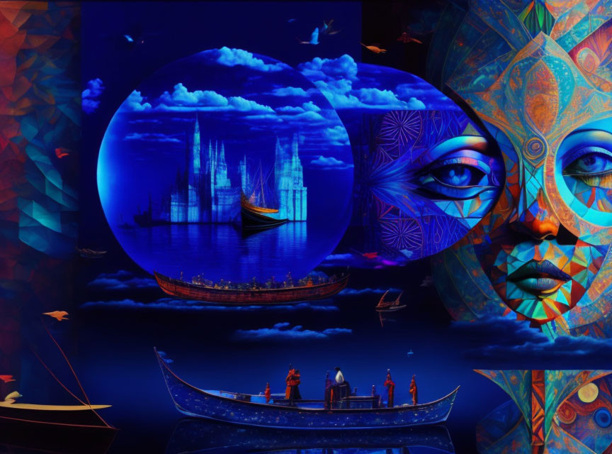 Surreal digital artwork: nautical elements, cosmic female face, deep blue backdrop