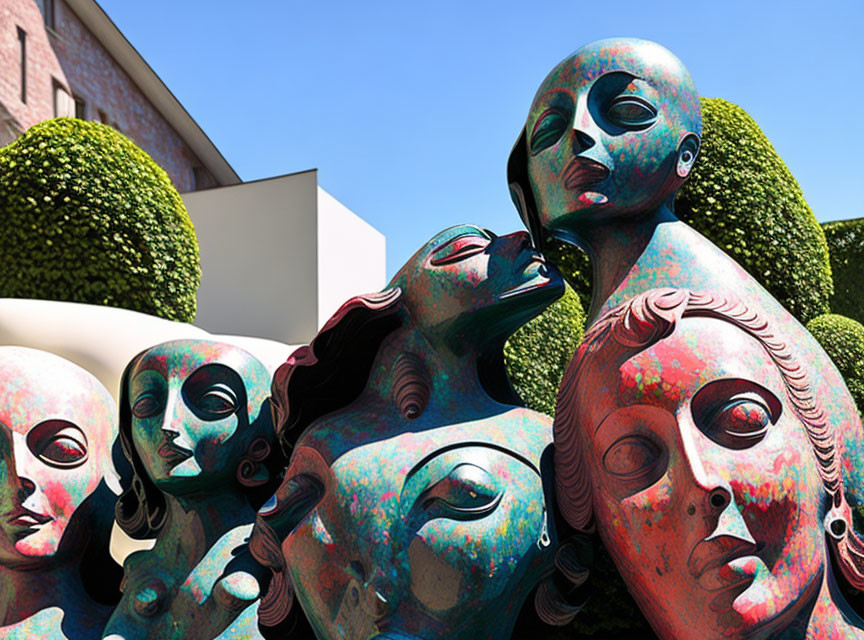 Stylized humanoid figure sculptures in bronze and teal against green hedges and blue sky