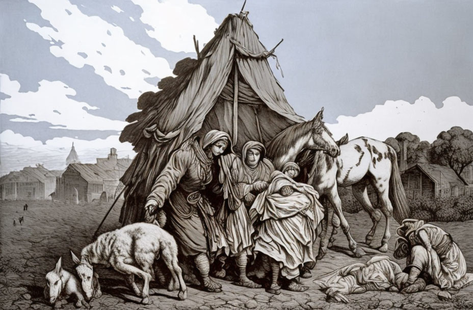 Vintage Illustration of People in Traditional Clothing Near Tent with Horses and Dog