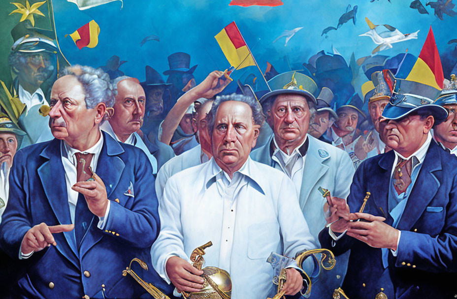 Colorful Painting of Four Men in Suits and Flags Crowd