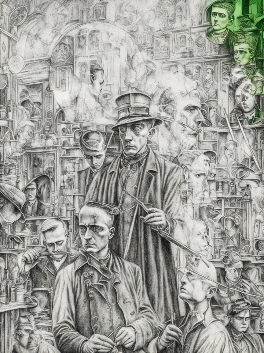 Detailed black and white pencil drawing of characters in vintage setting with prominent figure holding glasses