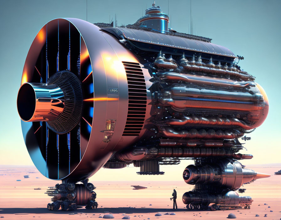 Futuristic spacecraft with large engines on desert terrain