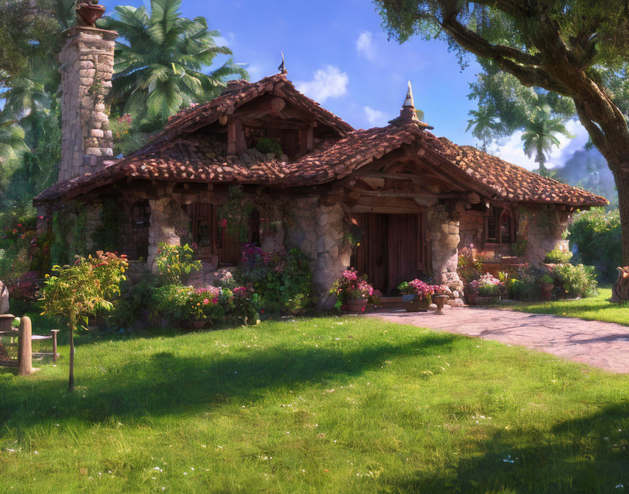 Stone Cottage with Tiled Roof Surrounded by Lush Gardens and Trees