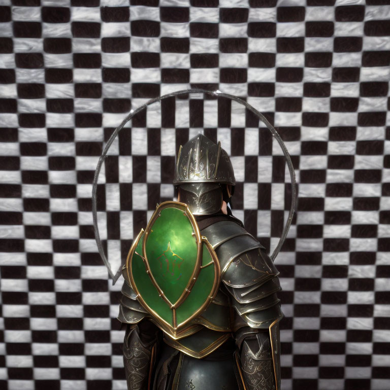 Ornate armored knight against checkered background