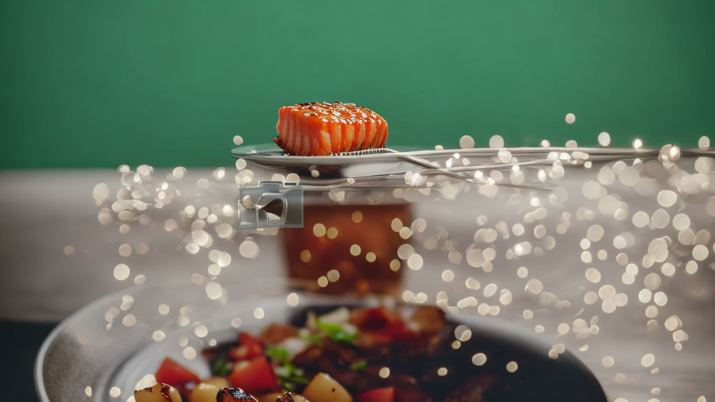 Strawberry slice on forks above fruit salad bowl with bokeh lights