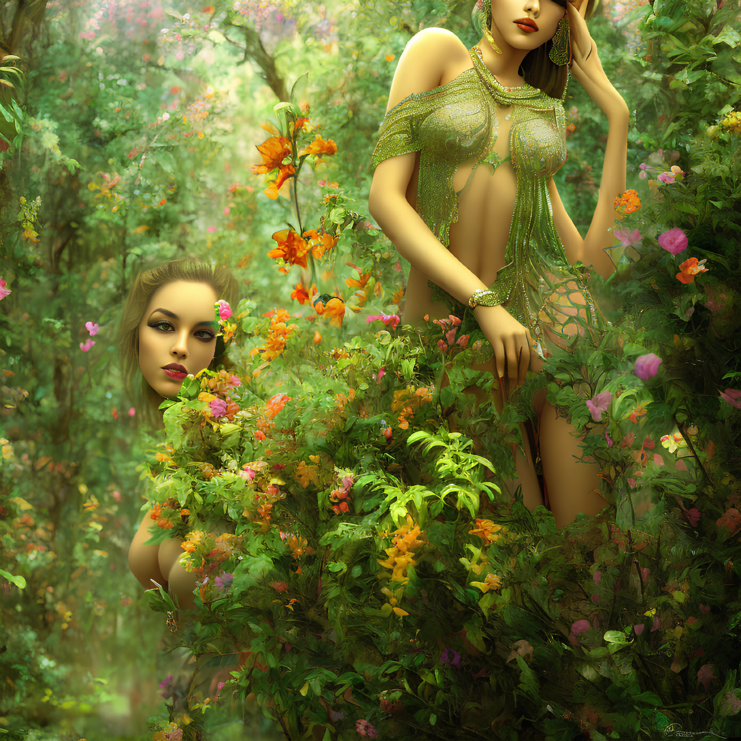 Digital Artwork: Two Women in Green Jewel-Adorned Dresses Among Lush Foliage