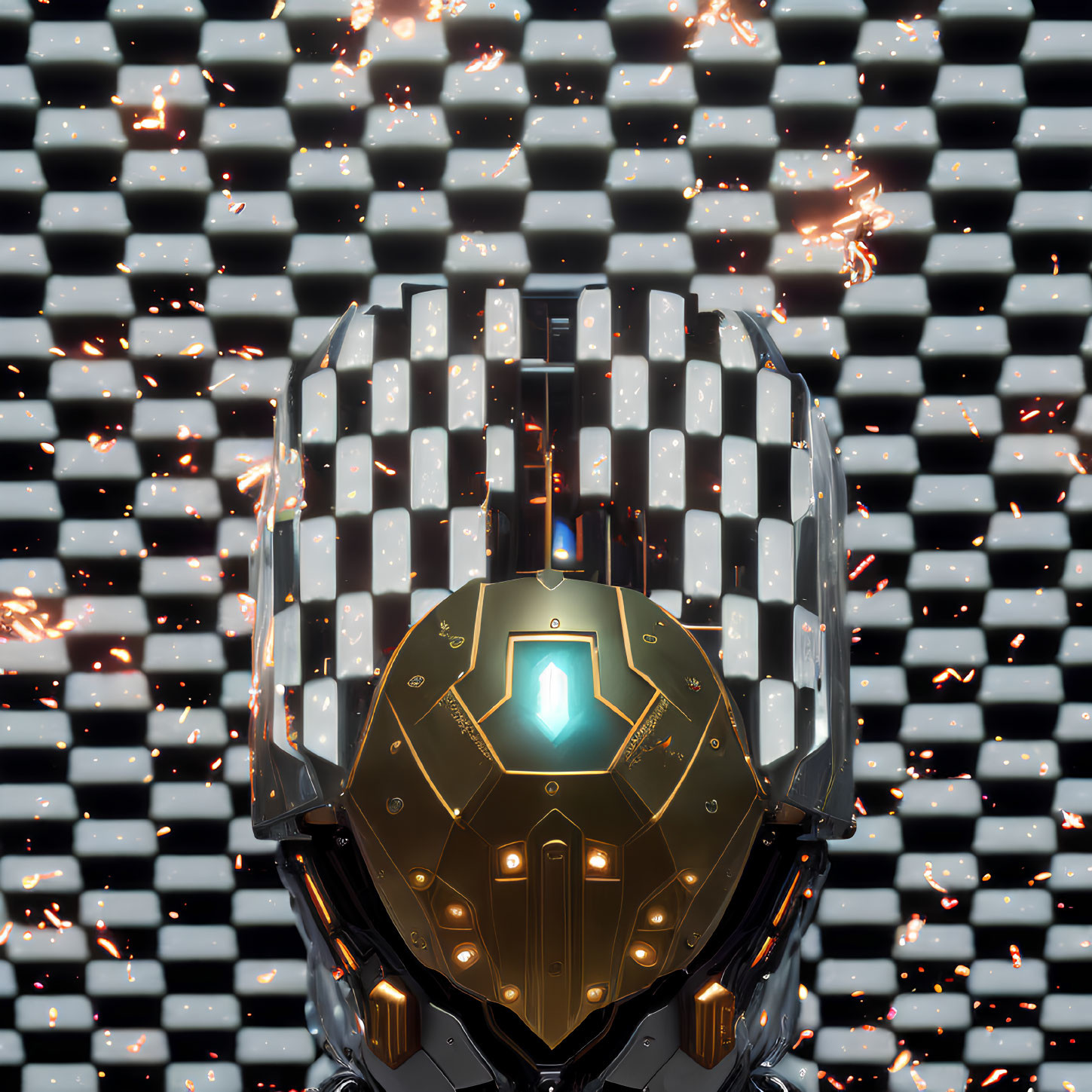 Futuristic knight with glowing blue visor and golden-trimmed shield in front of pixelated