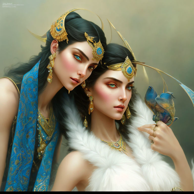 Fantasy figures with gold headpieces and bird in hand on muted background