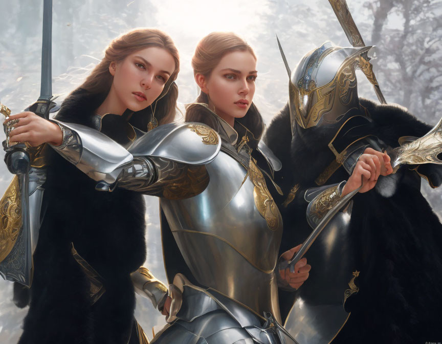 Medieval-themed image with two women and a knight in ornate armor