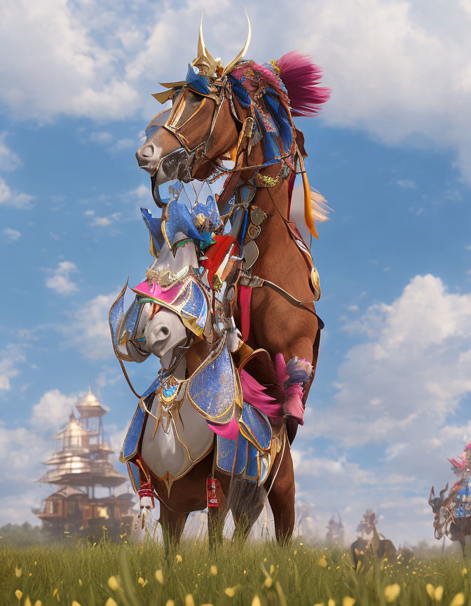 Elaborately adorned horses with vibrant harnesses in a field with traditional building