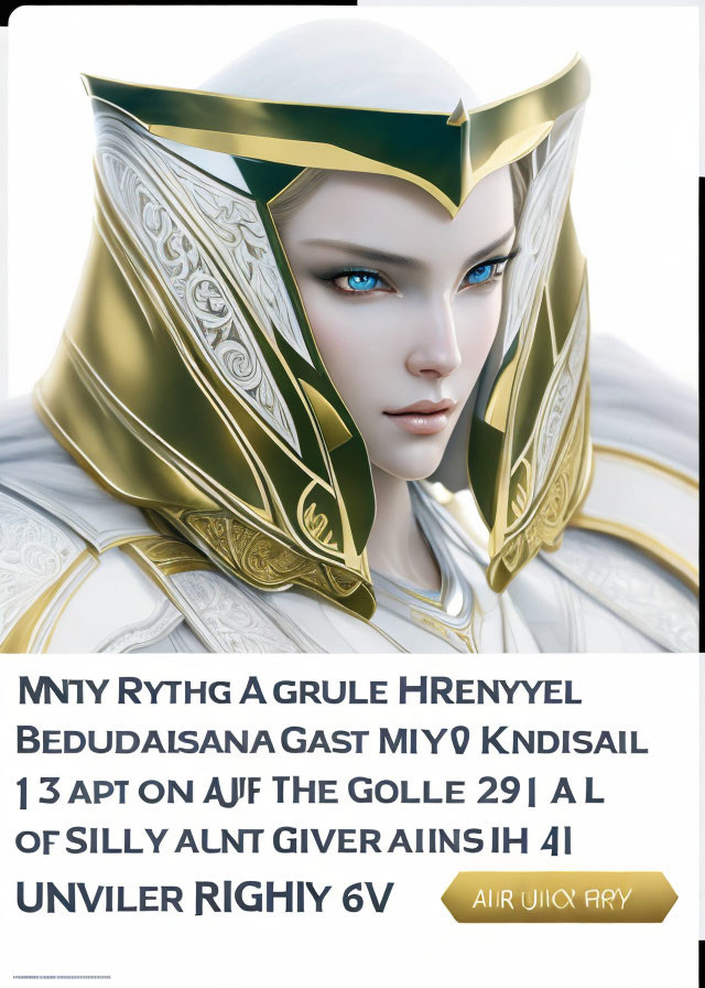 Ethereal female character in white and gold armor with blue eyes and scrambled letters poster