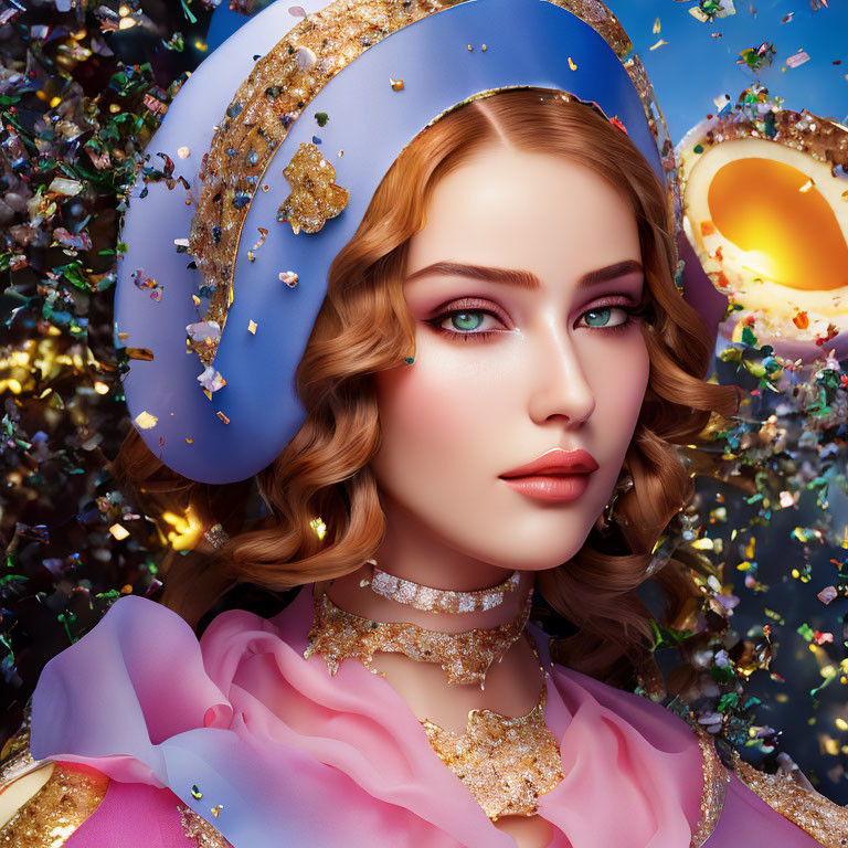 Intricate golden headwear and pastel rose gown in celestial setting