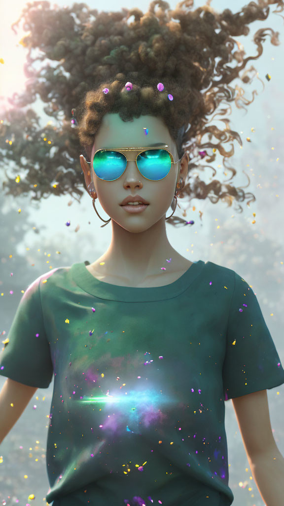 Colorful Beaded Curly Hair Woman in Cosmic T-Shirt Portrait