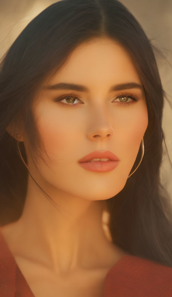 Dark-haired woman gazes thoughtfully under warm, golden light