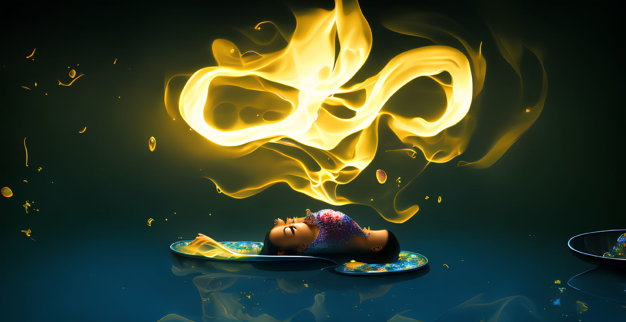 Surreal floating head with fiery shapes on dark background